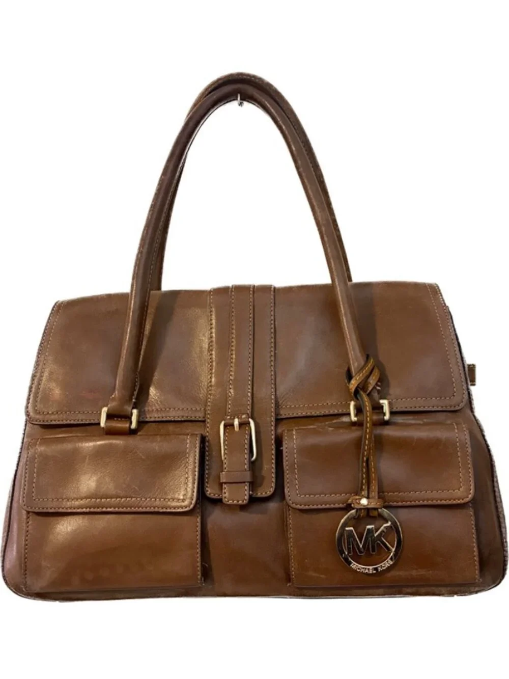 Michael Kors Cognac Brown Leather Satchel Shoulder Bag MK Charm
